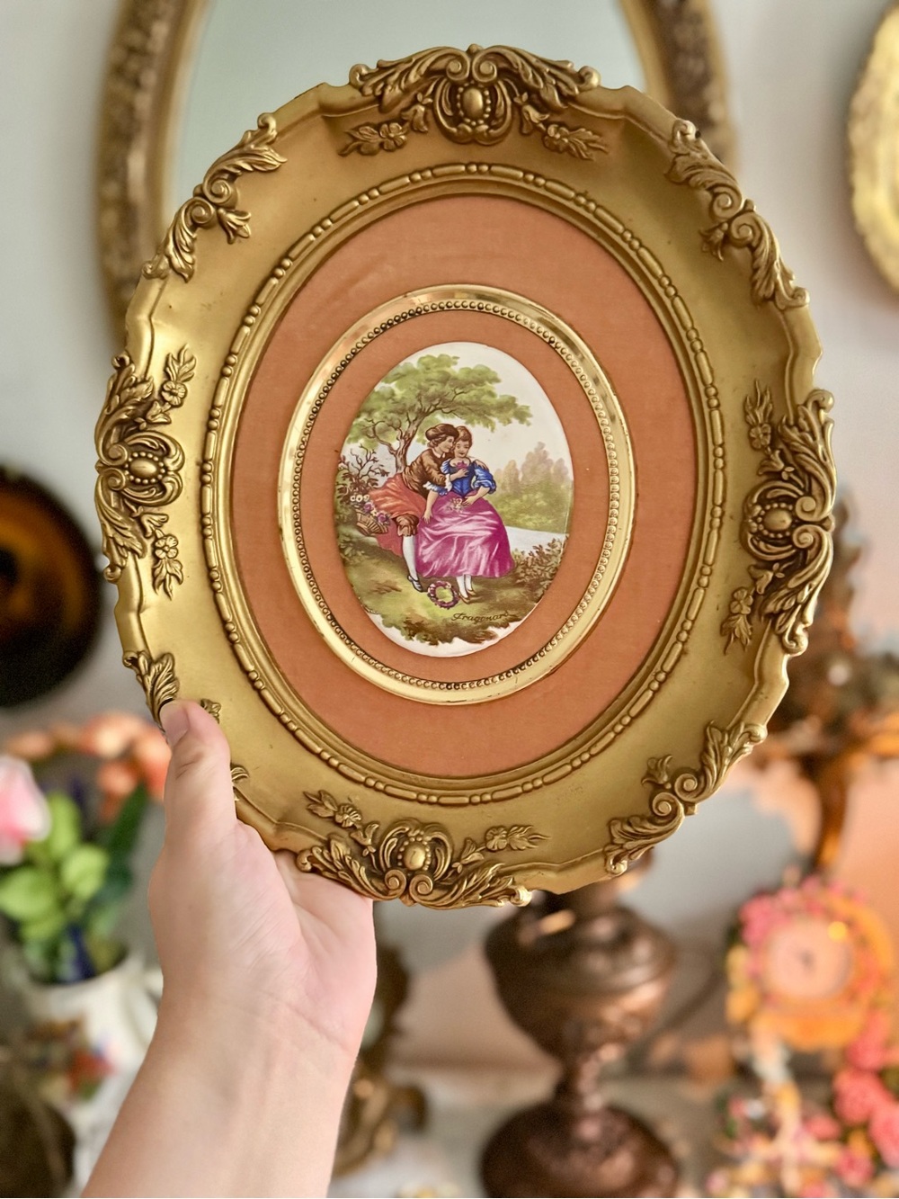 Vintage 1960’s Fragonard Porcelain Cameo Wall Plaques in Ornate Frames -Set of 2